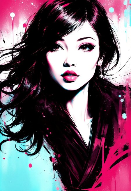 Silhouette Art, magnificent, ck-rw, in the style of ck-rw,, inksplash portrait of stunning oriental woman, long hair, seductive, sultry, lustful, red lips, direct gaze, light hitting one side of face, gradient colour background