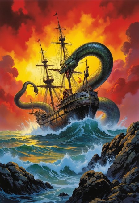 Comic book style 8k high quality digital painting , masterpiece, very detailed, ultra realistic, (best quality) very detailed epic masterpiece, a sailing ship on a stormy ocean is being attacked by a giant sea snake emerging from the water, winding around the ship, big waves, dramatic dark red yellow sky, action, scary, best quality, epic scene,  Dungeons and dragons atmosphere, heroic fantasy, fna_style, Comic book style