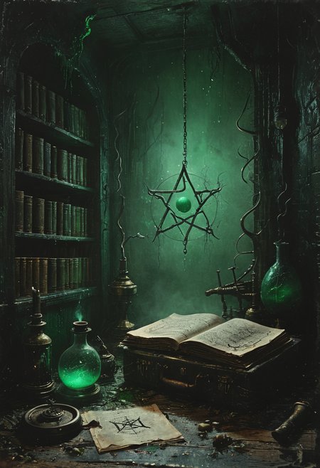 Eldritch laboratory, ancient books, arcane symbols, bubbling potions, dark wood and brass instruments, eerie green light, detailed textures, high detail, high resolution, (dark fantasy, eerie:1.3), (haunting, atmospheric:1.2), (nightmarish:1.4), masterpiece quality <lora:Desolation:0.5>, <lora:The_Horror_Style:0.5>