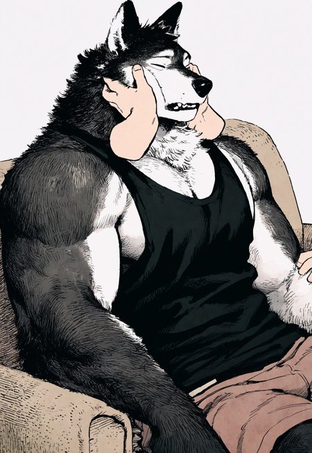masterpiece, best quality, newest, very aesthetic, absurdres, very awa, mucknagabe, (ibsukionsen:0.4), ovopack, male focus, anthro, wolf, fluffy, broad shoulders, tank top, shorts, on sofa, closed eyes, cheek squish, hands on cheeks, teeth, disembodied arms, three quarter view