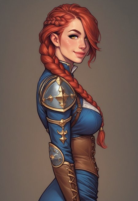1girl, ((((side view)))), illustration, looking at viewer, highly detailed, from front, 1girl, illustration, looking at viewer, highly detailed, source_comic_illustrationskinny, looking at viewer, 1girl, masterpiece, best quality, Her , full body portrait, 1girl, <lora:agrias-nvwls-v3:1> agrias, armor, corset, blue dress, brown gloves, weapon, cross-laced boots, looking at viewer, sidelocks, braided ponytail, yellow eyes, Romance, sci-fi, artificial intelligence, highly detailed
BREAK 
slight smile, looking at viewer, 
BREAK 
long hair, red hair, hair over one eye, big hair, 
BREAK 
best quality, depth of field, bokeh, (((full clothed)))  (best quality, high detail), ((masterpiece)), <lora:1_ino_20e:1>
BREAK 
((((field, farm)))) score_9, score_8_up, score_7_up, score_6_up, source_cartoon, rating_explicit, Expressiveh, (((((upper body))))), dynamic pose