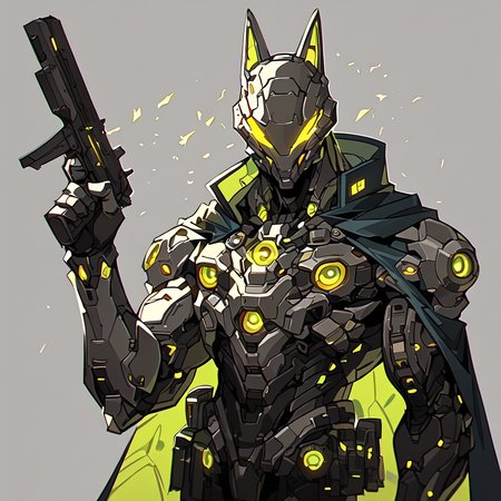 score_9, score_8_up, score_7_up, upscale 2x   (A dark grey colored cat helmet with an cyberpunk aesthetic featuring orange eyes and yellow teeth. He is wearing an oversized green poncho that has been damaged in the style of battle, holding futuristic guns in each hand. In the background there is a gray sky with some clouds in an anime style, hkfuture, reflective light:1.2),
