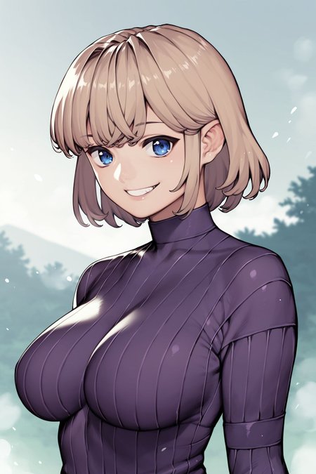 score_9, score_8_up, score_7_up, 1girl, kind smile, light brown hair, bangs, dark blue eyes, large breasts, dark purple clothes, outdoors, foggy atmosphere <lora:Yoshikazu_Hamada_PonyXL_style_v01:1>