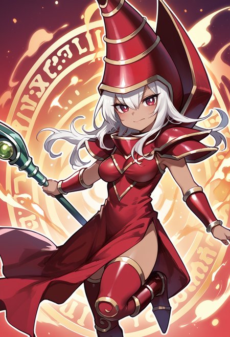 (score_9:0.9),score_8_up,score_7_up,rating_safe,(zPDXL),(zPDXL3),<lora:Dark Magician ponyXL v1.2:0.72>,dark magician,red wizard hat,red eyes,staff,smile,white hair,red wizard clothes,1girl,medium breasts,red thigh boots,red vambraces,genderswap \(mtf\),holding staff,chibi,magic circle,dark-skinned female,
