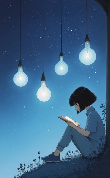 masterpiece, best quality, amazing quality, 1girl, solo, short hair, shirt, black hair, holding, closed mouth, sitting, short sleeves, outdoors, sky, collared shirt, pants, blunt bangs, book, night, glowing, bob cut, blue shirt, star \(sky\), knees up, scenery, holding book, starry sky, blue footwear, blue pants, cable, wide shot, looking at object, light bulb, hanging light, ArsMJStyle, Delicate Whimsy，
Studio Ghibli Dark Fairytale <lora:noobai_ep11_stabilizer_v0.138_fp16:0.3> <lora:NOOB_vp1_detailer_by_volnovik_v1:0.3> <lora:Dark_Ghibli:0.8> <lora:DelicateWhimsyIllustrious:1>