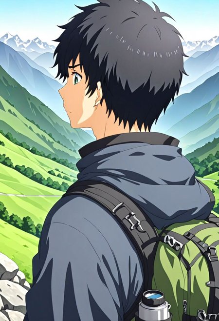 high resolution, solo, best quality, 1Boy, Arata Kaizaki, Black Hair, landscape, upper body, look at the view behind, upper body, high mountain, hiking gear, , OverallDetail