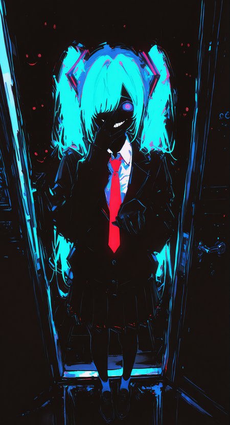 masterpiece, best quality, good quality, newest, highres, absurdres,15546+456868,
hatsune miku, 1girl, solo, long hair, looking at viewer, smile, blue eyes, shirt, skirt, long sleeves, twintails, standing, blue hair, jacket, school uniform, white shirt, full body, pleated skirt, necktie, shoes, collared shirt, socks, black skirt, hair over one eye, black jacket, hands up, aqua hair, blazer, red necktie, foreshortening, one eye covered, door, covering own mouth, hand to own mouth, evil smile, yandere, crazy eyes, horror \(theme\), open door, doorway, hand over own mouth, crazy smile, opening door, pov doorway, limited palette, glowing, psychedelic, black theme <lora:illustriousXL_stabilizer_v1.23:0.3> <lora:NOOB_vp1_detailer_by_volnovik_v1:0.3> <lora:ponyv6_noobE11_2_adamW-000017:0.7> <lora:USNR_STYLE_XL_lokr:0.45> <lora:114558v4df2fsdf5:1> <lora:shiej007:0.4> <lora:XXX667:0.95>