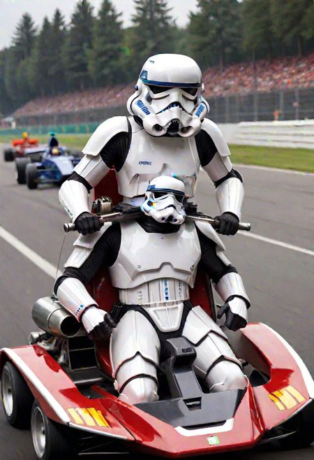 storm trooper driving a formula 1 speeder