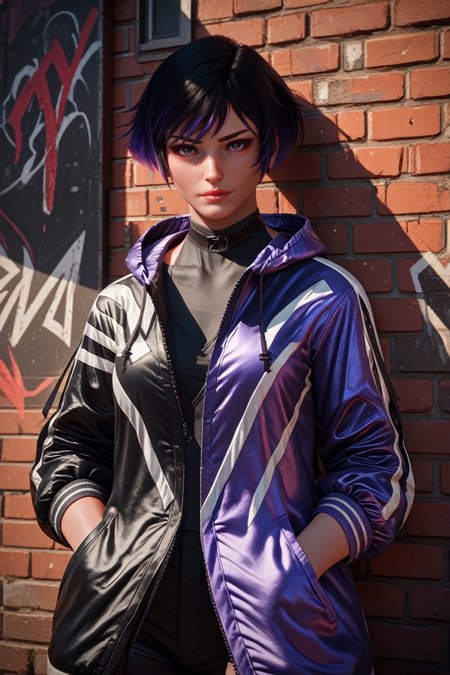 score_9, score_8_up, score_7_up, 
<lora:TKReina:1.0>
TKReina, 1girl, black hair, purple hair, multicolored hair, short hair, looking at viewer, leaning against a brick wall, hands in jacket pockets, urban alleyway with graffiti art, moody lighting with shadows, edgy and modern vibe