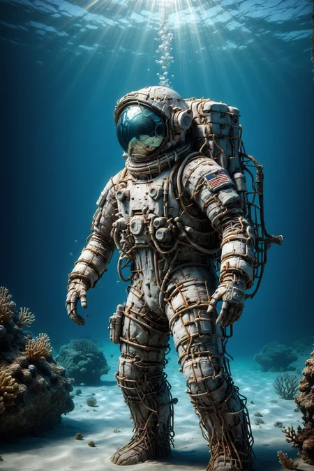 astronaut made of mad-rnfcnct, under water, caustics, light beam  <lora:Derilict_Concret_SDXL:1.0>, (masterpiece:1.2), best quality, (hyperdetailed, highest detailed:1.2), high resolution textures