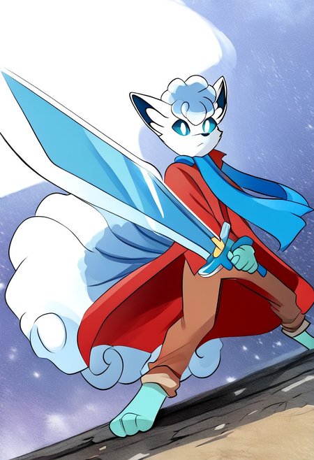 Theycallhimcake, male Alolan Vulpix, anthro, long legs, brown pants, red coat, blue scarf, brave-perspective, holding sword