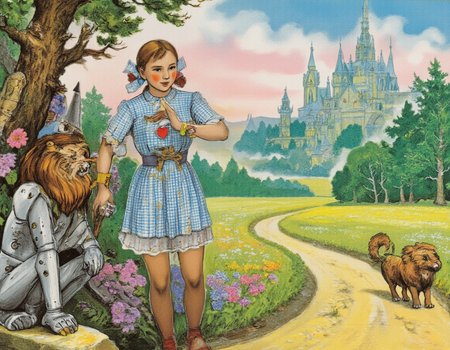 Colored Pencil Art, <lora:vladimirsky:1>, This is a whimsical and enchanting illustration in the style of a brightly colored pencil drawing, inspired by the magical world of The Wizard of the Emerald City by Alexander Volkov. The scene depicts a breathtaking moment from the book, filled with wonder, adventure, and the charm of Oz-like landscapes., 
At the heart of the composition stands Elena (or Ellie), the young heroine, dressed in her iconic blue-and-white checked dress, which is rendered with soft pastel tones and intricate textures to highlight its simplicity yet charm. She holds Totoshka, her loyal dog, close to her chest as they stand at the edge of a winding yellow brick road that stretches into the distance, disappearing into an emerald-green forest. Her expression is one of curiosity and determination, reflecting her brave journey ahead., 
Surrounding Elena are her companions:, 
Strasheelo (Scarecrow) leans casually against a tree trunk, his body made entirely of straw, with stitches and patches clearly visible on his fabric clothing. His face, drawn with delicate shading, shows intelligence and warmth despite being devoid of a brain., 
Zhelezoed (Tin Woodman) stands proudly nearby, his metallic body gleaming with reflections of gold, silver, and copper created through layered colored pencils. His heart-shaped emblem on his chest shines brightly, symbolizing his quest for love and compassion., 
Lev (Cowardly Lion) crouches protectively beside Elena, his golden mane flowing dramatically in the breeze. His features combine strength and vulnerability, capturing his inner struggle for courage., 
In the background, the landscape unfolds in layers of vibrant colors:, 
A vast meadow filled with wildflowers in every hueâblues, purples, yellows, and pinksâstretches toward the horizon., 
In the distance, the spires of the Emerald City rise majestically, their green glow enhanced by subtle highlights and shading techniques., 
Above, the sky transitions from soft morning pink near the horizon to deep azure overhead, dotted with fluffy white clouds., 
Every element in the frame contributes to the mood:, 
Color Palette : Rich, harmonious colors achieved through layered colored pencils bring life to the characters and scenery. Soft pastels for Elena's dress contrast beautifully with the bold greens of the forest and the metallic sheen of Zhelezoed's body., 
Texture & Technique : The use of colored pencil textures emphasizes the unique qualities of each characterâthe roughness of Strasheeloâs straw stuffing, the smooth shine of Zhelezoedâs metal surface, and the soft fur of Levâall rendered with meticulous attention to detail., 
Emotional Depth : The scene radiates hope, friendship, and adventure. Each characterâs expression and posture convey their individual journeys while uniting them in a shared goal., 
The overall tone of the image is joyful, dreamlike, and inspiring, celebrating themes of friendship, self-discovery, and the power of belief. It invites viewers to step into the magical world of the Emerald City and join Elena and her friends on their incredible journey., 
Additional keywords: whimsical art, fairy tale illustration, colorful pencil drawing, fantasy landscape, Volkov inspiration, Wizard of Oz adaptation, vibrant textures, cartoonish realism, magical realism, enchanted atmosphere., colored pencil strokes, light color, visible paper texture, colored pencil art