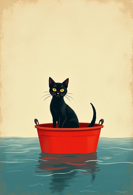 craquelure in the style of andre con, A tiny black kitten afloat on the ocean in a red bucket, minimalism in the style of david grosman, vague, delicate, concise, vintage