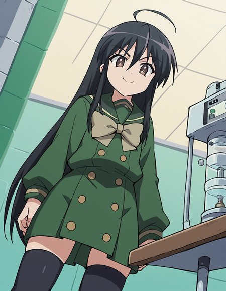 score_9, score_8_up, score_7_up, source_anime, <lora:shakugan-no-shana-s1-ponyxl-lora-nochekaiser:1>, shana, long hair, black hair, brown eyes, ahoge, sidelocks,, school uniform, serafuku, green serafuku, bowtie, green bowtie, green shirt, green sailor collar, long sleeves, green skirt, buttons, thighhighs,, laboratory, beakers, microscope, scientist, experiments, smile, from below, looking at viewer, solo,, dutch angle, cowboy shot