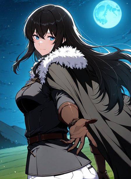 <lora:Karina_Dragonia__The_Knight_King_Who_Returned_with_a_God__Illustrious:1>
1 girl, solo, blue eyes, long hair, black hair, loose hair, hair between the eyes, bangs, sidelocks,
black jacket, black uniform, white pants, black gloves, uniform, black cape, black shoes, pants, jacket, elbow gloves, belt, brown gloves, fur-trimmed cape, white pants,
score_9, score_8_up, score_7_up, very aesthetic, source_anime, detailed, high quality, beautiful, masterpiece, detailed eyes, field, blurry background, pose dynamic angle, upper body, cowboy shot, light smile, looking back, reaching out, floating hair, night, blue moon