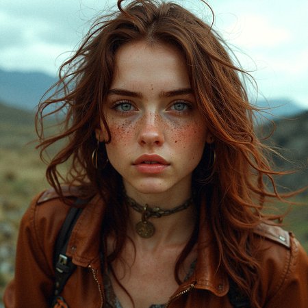 A hyperrealistic upper-body portrait of a wild and untamed young woman with a magnetic presence. Her deep, stormy blue-gray eyes are striking, framed by thick, slightly unkempt dark brown eyebrows. Her long, windblown auburn curls tumble chaotically around her shoulders. Her full, slightly parted lips, with a matte rose hue, complement her sun-kissed, freckled skin, touched by the elements. She wears a distressed brown leather jacket, rugged and adventurous. She leans slightly forward, her gaze intense and filled with untamed spirit, like a wanderer lost in thought.
 <lora:realism_lora_comfy_flux_converted:0.5> <lora:MoriiMee_Gothic_Niji_Style_FLUX:0.5>