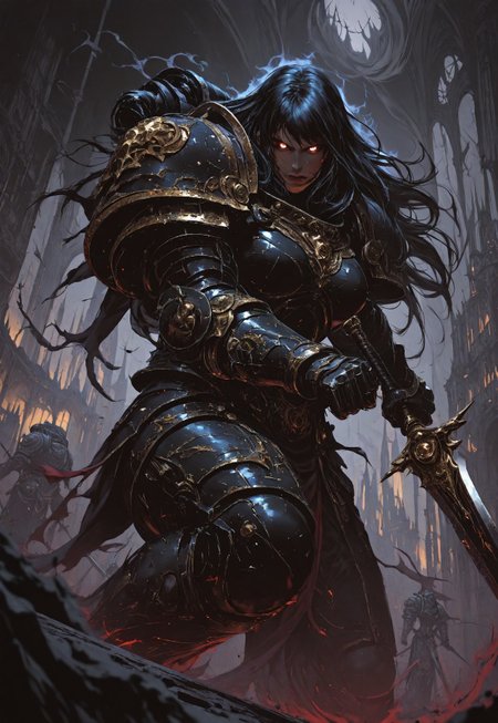 masterpiece, best quality, high quality, 
newest, highres, 8K,HDR,
absurdres, 

dynamic angle, 
realistic, 

1girl, 
BlackT40k, 
power armor, 
long hair, 
weapon, 
glowing eyes, 
dark fantasy, 
holding sword, 
floating, 
ethereal aura, 
white and black color scheme, 
armored gauntlets, 
golden ornaments, 
looking at viewer, 
battle stance, 
supernatural energy, 
shadowy background, 

gothic architecture, 
dynamic pose, 
dramatic lighting, 

detailed background, 
depth of field, 
foreshortening, 
detailed background, 
dynamic pose, 
dynamic composition,
dutch angle, 
foreshortening,
blurry edges, 
<lora:ILLIronW40k:1>