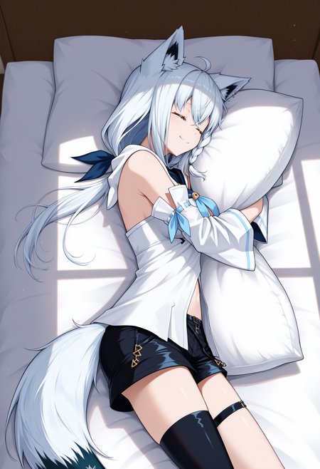 window shadow, shade, lying, on bed, sleeping, on side, pillow hug, smile, closed eyes, <lora:window_shadow_NOOB-EPS1.1v3:1>  <lora:fubuki_10outfits_illustrious_v2:1> fbk_base, white blouse, detached sleeves, black shorts, blue neckerchief, thigh strap, single thighhigh, side braid, fox tail