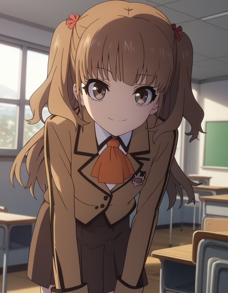 score_9, score_8_up, score_7_up, source_anime,
sayuhisanuma, <lora:sayu-hisanuma-s1-ponyxl-lora-nochekaiser:1>,
sayu hisanuma, long hair, brown hair, brown eyes, two side up,
skirt, school uniform, socks, blazer, neckerchief, long sleeves, brown skirt, brown blazer,
indoors, classroom, bent over, smile,
looking at viewer, cowboy shot, dutch angle, solo,