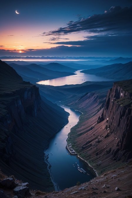 full shot,River,Mountains,forests,half moon, clouds, beautiful sky, night, epic landscape, desolate atmosphere, from above, photorealistic, masterpiece, 64k, UHD, ultra detailed, vivid colors, high quality, sharp focus