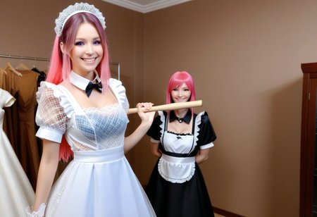 w0gf1l, 
wedding dress (made of tiny neon glass filaments:1.5), wedding dress on a mannequin, 
bridal store, 
BREAK 
1girl, looking at wedding dress on mannequin, happy, wide smile, giggly, 
CivChan, purple eyes, pink hair, 
traditional maid uniform, standing looking sweet, coy, holding a wooden baseball bat over her shoulder, smiling sweetly,