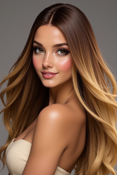 <lora:FANCHA_v.6:0.8> Nuanatom style. Close shot portrait. A stunning young woman is depicted with an air of elegance, her flowing hair the focal point of this dynamic portrait. Her long, voluminous locks cascade in a flawless gradient of warm, honey-toned balayage, transitioning seamlessly from rich brunette at the roots to golden highlights at the ends. The hair is caught in motion, fanning outward with natural fluidity, emphasizing its silky texture and radiant shine. Her gaze is direct and confident, with luminous, expressive eyes framed by softly arched brows that enhance her expressive features. Her skin glows with a soft, dewy finish, while her lips form a gentle smile, painted in a muted pink that adds a touch of understated sophistication. She wears a strapless, cream-colored ensemble that complements the warmth of her hair and skin, allowing her natural beauty to remain the centerpiece. The backdrop is a subtle gray gradient, creating a clean, modern aesthetic that directs attention to her and the interplay of light on her hair. The image radiates contemporary glamour, with a sense of effortless beauty reminiscent of high-fashion editorials.