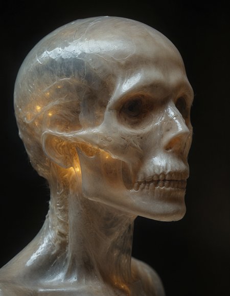 profile, translucent human, allowing to see his skull clearly through the thin layer of skin, see through skin, The skull is visible behind the skin and should emit eerie glow, casting a light, hollow eyes that reflect a deep sorrow, The background is a dark dimly lit, unsettling atmosphere, The overall mood is one of melancholy and eerie beauty, high contrast, subsurface scatter, <lora:sss:1>, <lora:SDXLFaeTastic2400:0.3>, <lora:Aether_Ghost_v1.1_LoRA:0.7>, <lora:sdxl_glass:0.6>, <lora:NicolaSamori:0.3>