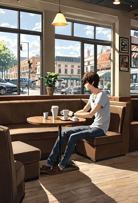 Highres, Masterpiece, High Quality, 4K, 8K, solo, 1Boy, Seiya Kanie, short dark brown hair, golden eyes,  cafe, corner cafe, room corner, corner room, hang out, tables, chairs, sofas, pillows, window views, comfortable, coffee cups, casual wear, small simple necklaces, bracelets, watches, easynegative, detailed_eye_model