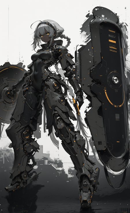 masterpiece, best quality, good quality, newest, highres, absurdres, 1girl, solo, long hair, breasts, looking at viewer, white background, holding, very long hair, medium breasts, standing, full body, yellow eyes, grey hair, ahoge, braid, hairband, dark skin, armor, dark-skinned female, single braid, covered navel, bodysuit, science fiction, shield, mecha musume, holding shield, barcode, mechanical legs, in the style of cknc,mcnm,
G0zeNA_illu, abstract, surreal <lora:illustriousXL_stabilizer_v1.23:0.3> <lora:NOOB_vp1_detailer_by_volnovik_v1:0.3> <lora:ponyv6_noobE11_2_adamW-000017:0.3> <lora:ck-nc-cyberpunk-IL-000011:0.7> <lora:Mechanism-Illustious:0.8> <lora:G0zeNA_style:1>