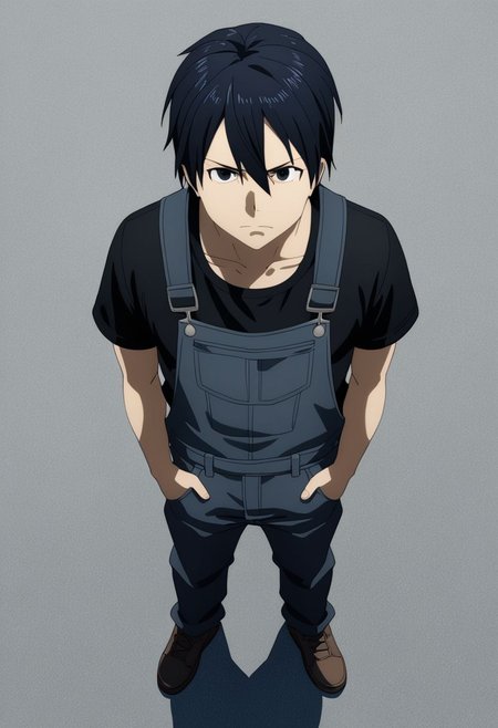 high resolution, professional photography, best quality, 1Boy, Kirigaya Kazuto, Black Hair, Black Eyes, overalldetail, standing, straight facing upwards, casual, seen from above, arrogant face, dominant, intimidate