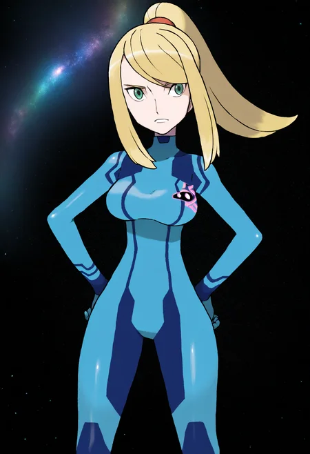 sugimori ken,
best quality, amazing quality, very aesthetic, absurdres,
(black background, galaxy background, starry background:1.8)
1girl, samus aran, green eyes, blonde hair, medium hair, ponytail, sidelocks,
blue bodysuit,
standing, hands on hips,  <lora:KenSugimoriNoob_byKonan:1>
