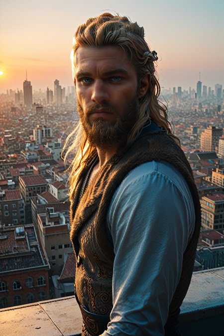 score_9, score_8_up, score_7_up, score_6_up
<lora:ACMEivor:1.0>
ACMEivor, 1boy, blonde hair, long hair, blue eyes, beard, looking at viewer, in a tailored suit, standing on a rooftop overlooking a city skyline at sunset, golden hour, wind blowing through his hair, dramatic shadows