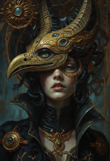detailed photorealistic image,Exquisite (mystic) lady as cultist of (Tzeentch:1.2), corrupted, (eyes of terror:1.4), eyes with (teeth), decorated with (living eyes), intricate back opened helmet (bird face mask) made of (beak:1.4), warhammer 40k, face (hidden) behind mask, runes, (oil painting), in (ukiyo-e style:0.8), (by Edgar Degas:1.1), (by Pierre-Auguste Renoir:0.7), (by Claude Monet), (by Vincent Van Gough:1.2), w4rh4mm3r style oil painting
,  directional lighting, masterpiece, perfect composition, perfect hands  <lora:ARTifacts:0.8> ,