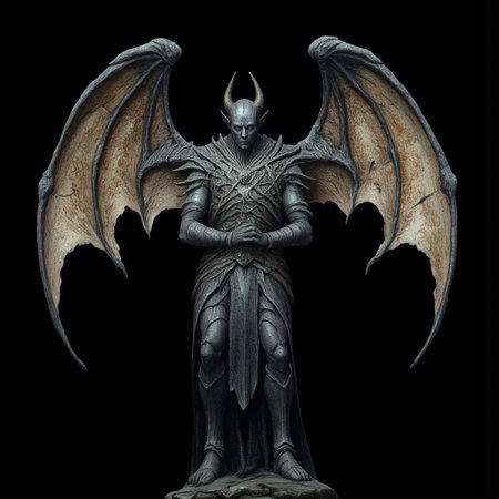 A surreal stone gargoyle with a human face, tattered stone carved wings, design
Set against a solid dark black color background to emphasize its unsettling unnatural form that emphasizes its silhouette. The medium is not a traditional painting or illustrative medium like watercolor or ink but rather a digital 3D rendering.
MikeFranchinastyle, d4artstyle, d4concept, , bbstyle,, horror theme,, zbrush, ZBClay model of a gray sculpture, 1990's, 1990's style