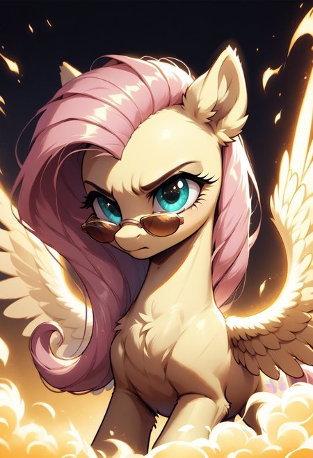 core_9, score_8_up, score_7_up, score_5_up, source_anime, Fluttershy, depicted as a fierce and magical pony with clearly equine facial features, surrounded by vibrant and glowing magical energy. The magic swirls around her in shades of neon pink and red, with glowing embers and dynamic lighting effects creating a dramatic and intense atmosphere. Her expression is serious and determined, emphasizing her strength and focus. The background is dark, enhancing the glowing elements and the fiery magic surrounding her, with a painterly art style full of vivid colors and striking contrasts. Pony-style anatomy and features.