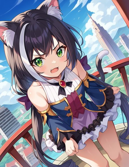 score_9, score_8_up, score_7_up, source_anime,
princessconnectkaryl, <lora:princess-connect-karyl-ponyxl-lora-nochekaiser:1>
karyl, animal ear fluff, animal ears, black hair, black ribbon, cat ears, cat girl, cat tail, fang, green eyes, hair bow, long hair, low twintails, multicolored hair, purple bow, ribbon, skin fang, streaked hair, tail, twintails, vertical stripes, white hair,
arm support, blue sleeves, bow, brooch, detached sleeves, dress, frilled sleeves, frills, multicolored clothes, multicolored dress, neck ribbon, sleeveless, sleeveless dress, striped,
outdoors, cityscape, bent over,
looking at viewer, dutch angle, cowboy shot
