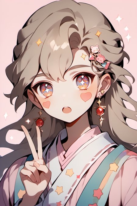 score_9, score_8_up, score_7_up, masterpiece, best quality, 1boy, solo, young boy,   shentafei, light brown hair, two-colored eyes,long hair, jewelry, earnings, looking at viewer, portrait,  <lora:ShenTafeiPonyV3:1>,  <lora:CandyCuteStylePDXL:0.8>, pink pajama, open mouth, sparkles, pink background, rainbow print, hand up, v, stickers on hair, star stickers