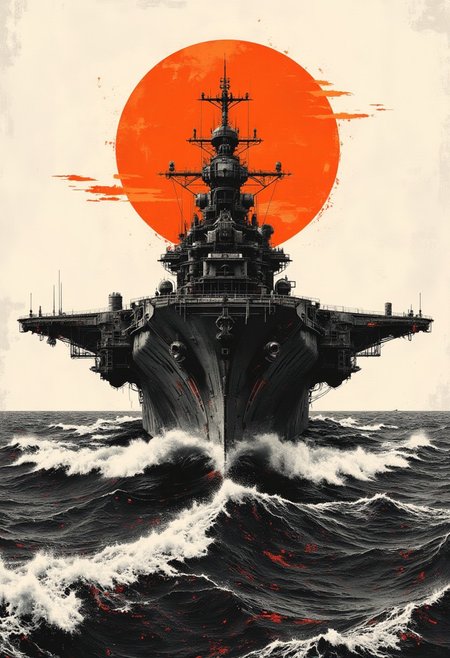 A graphic illustration, in black and white, of an ocean landscape with a bright orange sunset.Naval aircraft carrier
 <lora:Dieselcore:0.7> d1eselc0re <lora:Glitchcore_Flux:0.4> gl1tchc0re