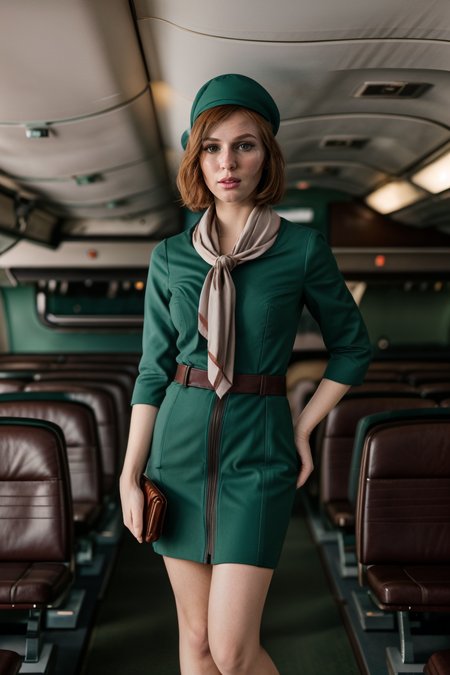 <lora:LCM_LoRA_Weights_SD15:1>,<lora:detail_slider_v4:1.1>,(attractive flight attendant) 30year old adult woman, Thigh Gap:1.3, Medium build, short ginger hair, italian, mahogany  skin, wearing a flight attendant hat, green formal dress, eyeliner, aviation-themed scarf, set in a vibrant airplane cabin, with colorful seating, trendy lighting, dynamic decor, and spacious aisles , at sunset,(full body:1.3),(full shot:1.3),(wide shot:1.3),(full body portrait:1.3),from above:1.1,Cinematic portrait photography, capture subject in a way that resembles a still frame from a movie, cinematic lighting, story, narrative quality, drawing viewers into the scene and evoking a sense of cinematic immersion, capturing emotion, professional, engaging, compelling composition,