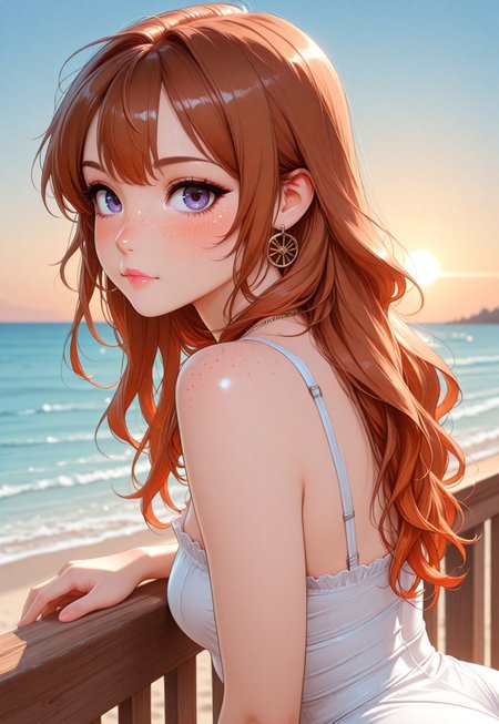 Beautiful, ultra high quality, very detailed, 8k, detail focus, civchan,( auburn  gradient hair:1.3), medium wavy hair, cute face, perfect face, purple eyes, small nose, soft features, perfect makeup, pink lipstick, lip gloss, eyeliner, mascara, eyelashes, perfect skin, blush, gold hoop earrings, necklace, enticing look, lustful,  sexy, attractive, (zoomed out:1.2), masterpiece, highest quality, 1girl, freckles ,( body turned to side:1.2), (face turned toward viewer:1.2), side profile of ass, leaning on wooden railing, beach background, sunset, beautiful sky
