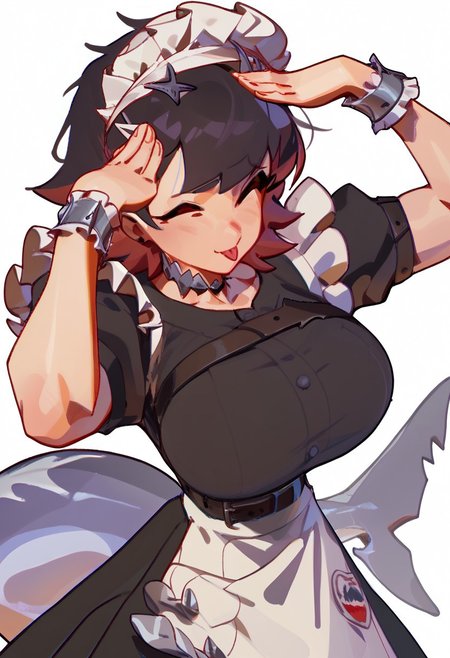 score_9,score_8_up,score_7_up,score_6_up,  1girl, AhEtoBlehMeme, closed eyes, tongue out, :p, hands on own head, smile, ellen, huge breasts,  red eyes, black hair, short hair, colored inner hair, hairclip, ear piercing, fins, shark tail, maid headdress, hair ornament, black dress, puffy short sleeves, choker, frilled dress, high-waist skirt, wrists cuffs, apron, belt,