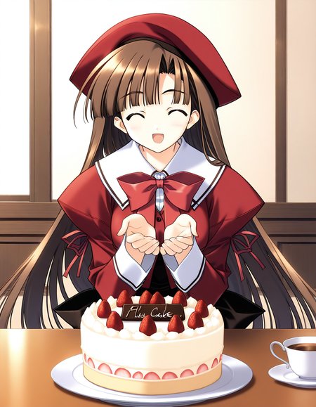 general,highres, ultra-detailed,very aesthetic,best quality ,best hands,  BREAK <lora:Mikage_Subaru_IS:1> Mikage_Subaru, 1girl,solo, brown hair, brown eyes, very long hair, bangs, medium breasts,
food, solo, hat, fruit, closed eyes, red beret, bow, red bow, smile, open mouth, ribbon, long sleeves,
cake, giant cake, food, table,