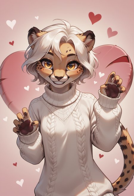 score_9, score_8_up, score_7_up, source_furry, rating_safe, detailed,
1girl, solo, upper body, valentine theme, hearts,
abstact background, hearts background, valentine background,
furry female, (anthro cheetah girl:1.2), beautiful girl, cute girl, adult, beautiful face, detailed face, perfect eyes, detailed eyes, yellow eyes, white hair, short hair, good hand, long tail,
oversized clothed, aran sweater, sweater dress, oversized sweater,
(jumping:1.1), (dynamic pose:1.2), happy, happy expression, grin, love, lovestruck, sending love to viewer,