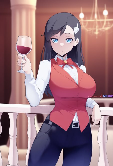 (hot vr:0.7), masterpiece, best quality, <break> solo, 1girl, niihashi noel, expressionless, looking at viewer, holding cup, wine glass, black hair, hairclip, formal, red vest, white shirt, collared shirt, dress shirt, red bowtie, long sleeves, black pants, black belt, large breasts, indoors, column, balcony, chandelier
<segment:yolo-Anzhc Face seg 640 v2 y8n.pt,0.4,0.5//cid=1>