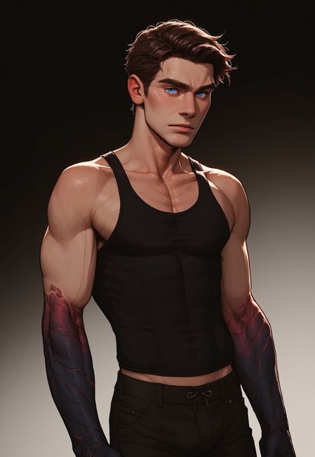 (score_9, score_8_up, score_7_up). (line work, excellent drawing, highest quality, extremely detailed:1.2). solo, a man watching his arm be corrupted. 1boy, brown hair,  blue eyes, gradient skin, claws, spreading corruption, black smoke coming off hand. cracking hand, charred skin, (dark  hands), black fingers, dark forearm, pale skin, black pants, tank top, thin, confident posture, g0thicPXL, romantic, source_cartoon, dark background, medium distance, cowboy_shot, realistic