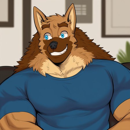 score_9_up, score_8_up, score_7_up, high quality, detailed, 1boy, source_furry, male, solo male, human, broad shoulders, mature male, blue eyes, muscular male, athletic build, brown hair, anthro, wolf, animal ears, tan body, bara, scruffy, light underbelly, pecs, defined features, smiling, bust shot, living room, indoors, blue shirt