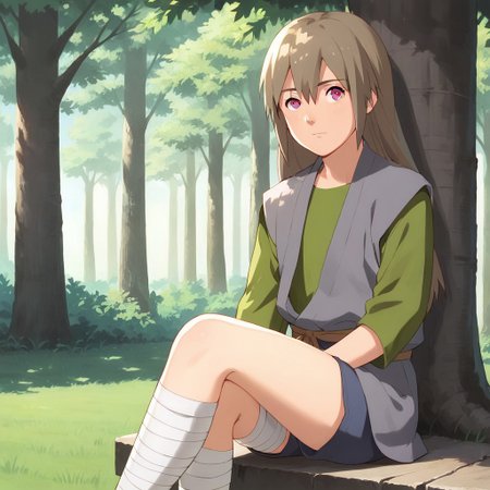 score_9, score_8_up, score_7_up, BREAK, male child, long hair, brown hair, pink eyes, hair between eyes, best, green shirt, leg wrap, bandages, sitting against a tree, leaning, outdoors, sunlight, shadow, natural lighting,