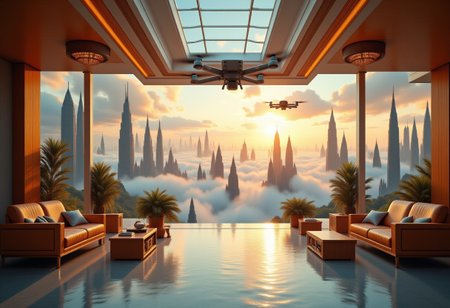 the most realistic, photorealistic photo ever taken [Fast FPV drone flythrough inside a luxurious mansion leading to a majestical city in the clouds, a GIRL FANTASY dream world with tall and modern skyscrapers, BRIGHT COLORS, floating islands in the sky, shifting landscapes, and ethereal creatures, Captured with a Hasselblad X2D 100C and an 80mm f/1.9 lens, hyper-realistic textures, elegant shadows, incredible realism, creamy bokeh, ultra-detailed textures, perfect lighting], aidmamj6.1, aidmaimageupgrader