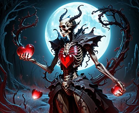 A bioluminescent demon, clad in a crimson gown of shimmering, pulsating flesh, clutches a beating, oversized heart, its arteries glowing with an eerie, internal light.  The heart, wrapped with thorny, black vines instead of ribbons, drips ichor onto the frost-covered ground.  The demon writhes with manic glee, its form a grotesque symphony of bone, sinew, and iridescent fluids, dancing in the moonlight.  Long, skeletal shadows writhe and contort in the absurd dance of madness, shaped like grotesque valentines
<lora:corcoc1s:0.8> corcoc1s