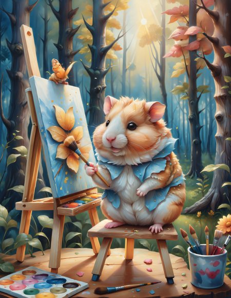 ultra detailed, painting hamster, adorable fluffy hamster holding a paintbrush, painting on a canvas set on a wooden easel, surrounded by a colorful forest with sunlight filtering through trees, paint palette beside the hamster, butterfly near the canvas